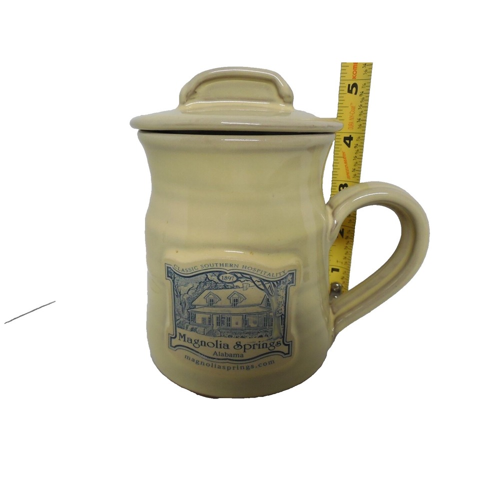 Deneen Pottery Magnolia Springs, AL Souvenir Lidded Mug Beige Hand Thrown